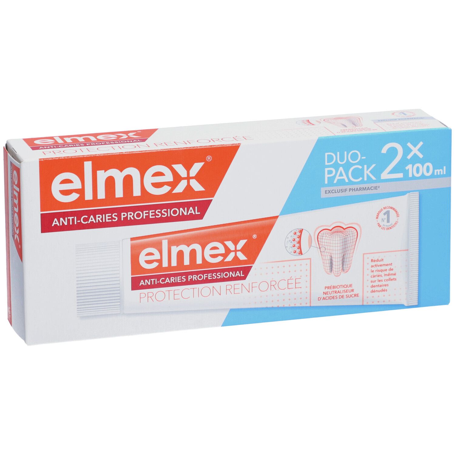 Zahncreme-Duo-Packung. Enthält zwei Tuben. Aufschrift: elmex Anti-Karies Professional. Duo-Pack mit 2x100ml.