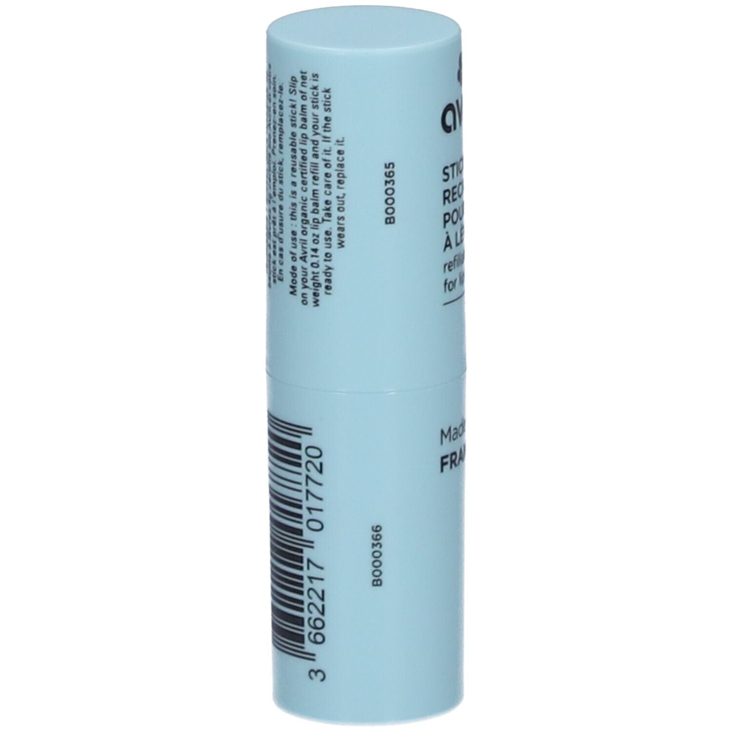Hellblauer Lippenpflegestift-Behälter mit schwarzem Aufdruck. Text: "avril", "STICK RECHARGEABLE POUR BAUME À LÈVRES". Text und Barcode. "Made in France".