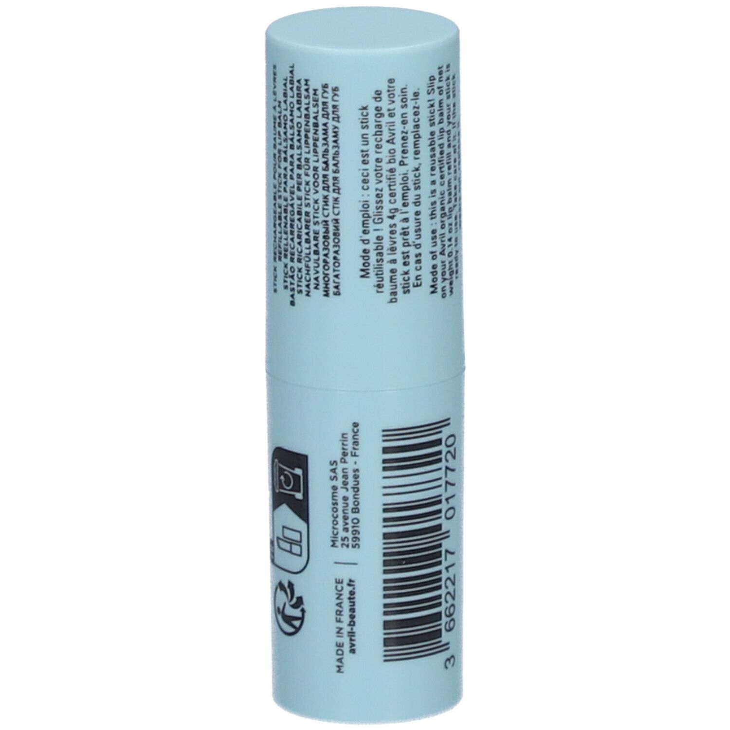 Hellblauer Lippenpflegestift-Behälter mit schwarzem Aufdruck. Text: "avril", "STICK RECHARGEABLE POUR BAUME À LÈVRES". Text und Barcode. "Made in France".