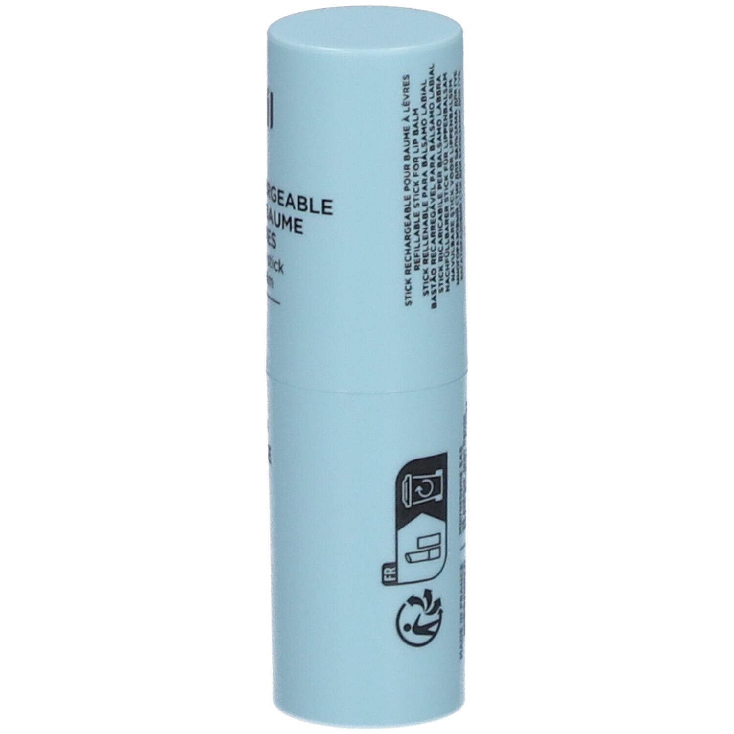Hellblauer Lippenpflegestift-Behälter mit schwarzem Aufdruck. Text: "avril", "STICK RECHARGEABLE POUR BAUME À LÈVRES". Text und Piktogramme.