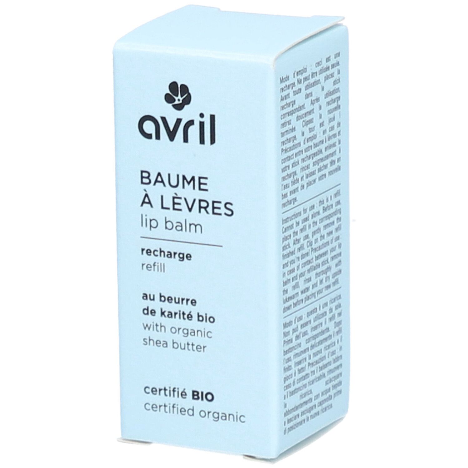 Hellblaue Kartonverpackung. Aufschrift: Avril, Baume à Lèvres, recharge, au beurre de karité bio, certifié BIO.