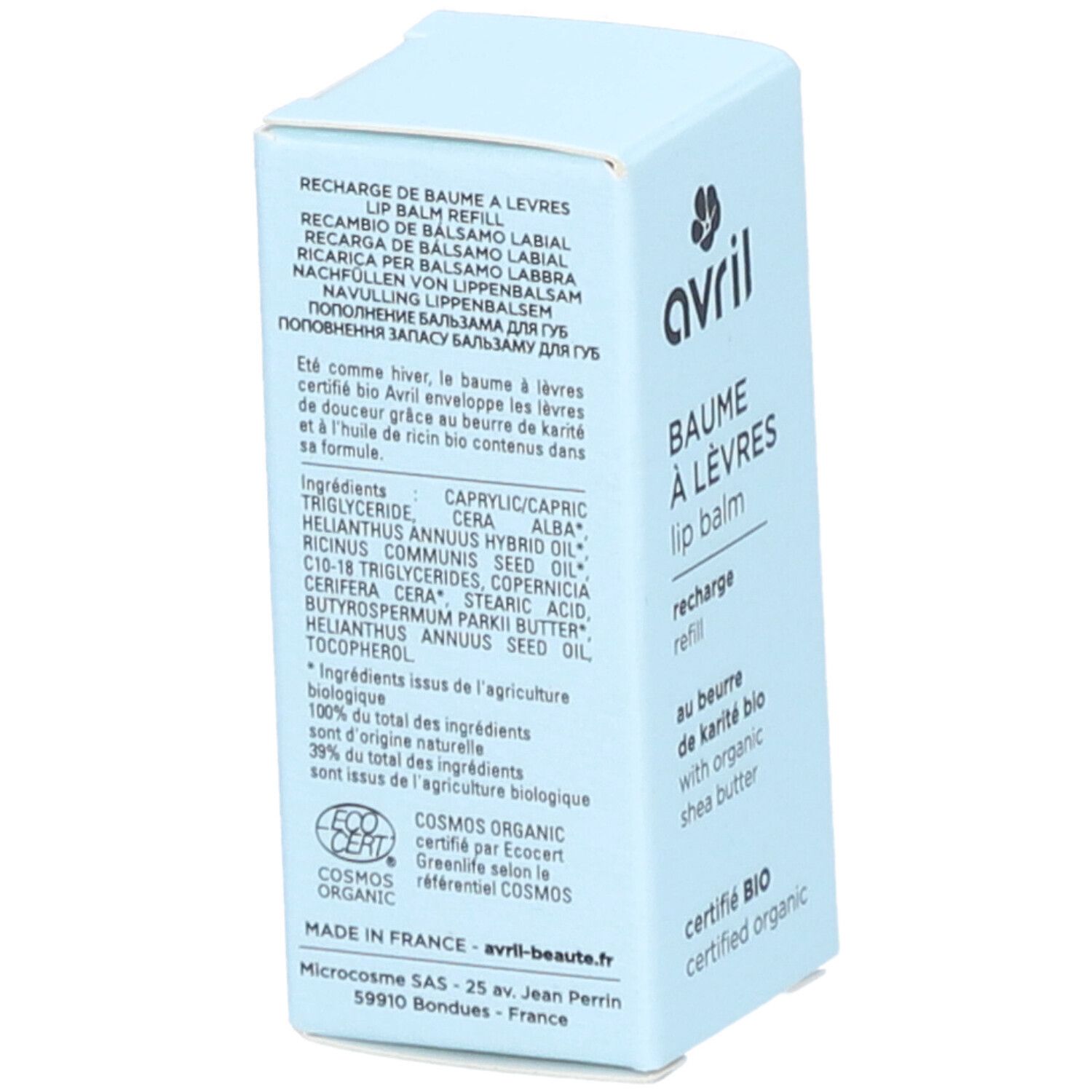 Hellblaue Kartonverpackung. Auflistung der Inhaltsstoffe und Zertifizierungen. Text in mehreren Sprachen.