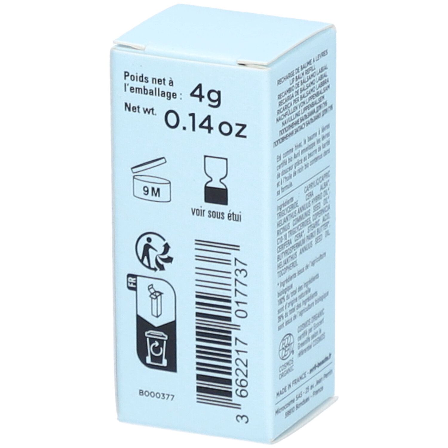 Hellblaue Kartonverpackung. Nettogewicht 4g. Piktogramme: 9M, Entsorgungshinweise, voir sous étui.