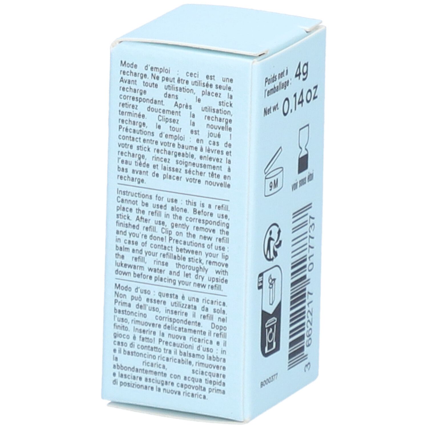 Hellblaue Kartonverpackung. Gebrauchsanweisung in mehreren Sprachen. Nettogewicht 4g.
