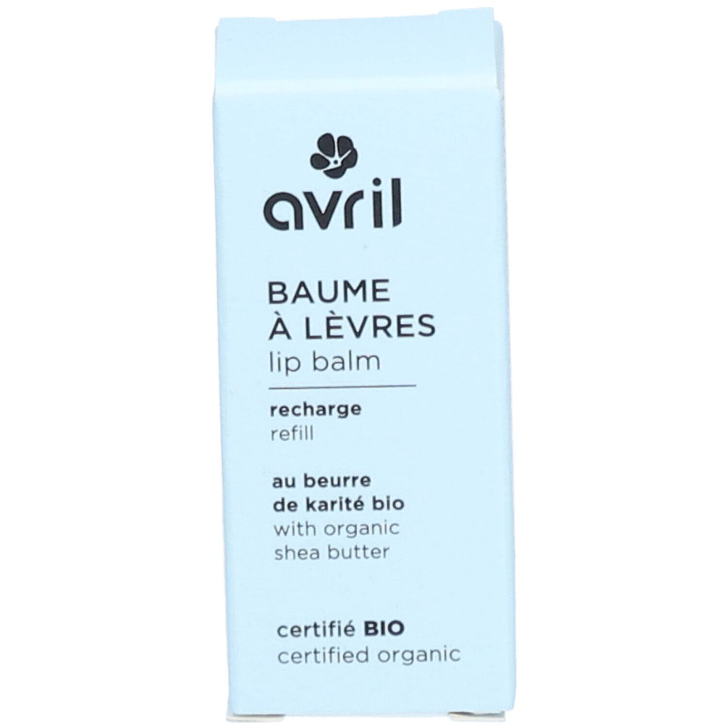Hellblaue Kartonverpackung. Aufschrift: Avril, Baume à Lèvres, recharge, au beurre de karité bio, certifié BIO.