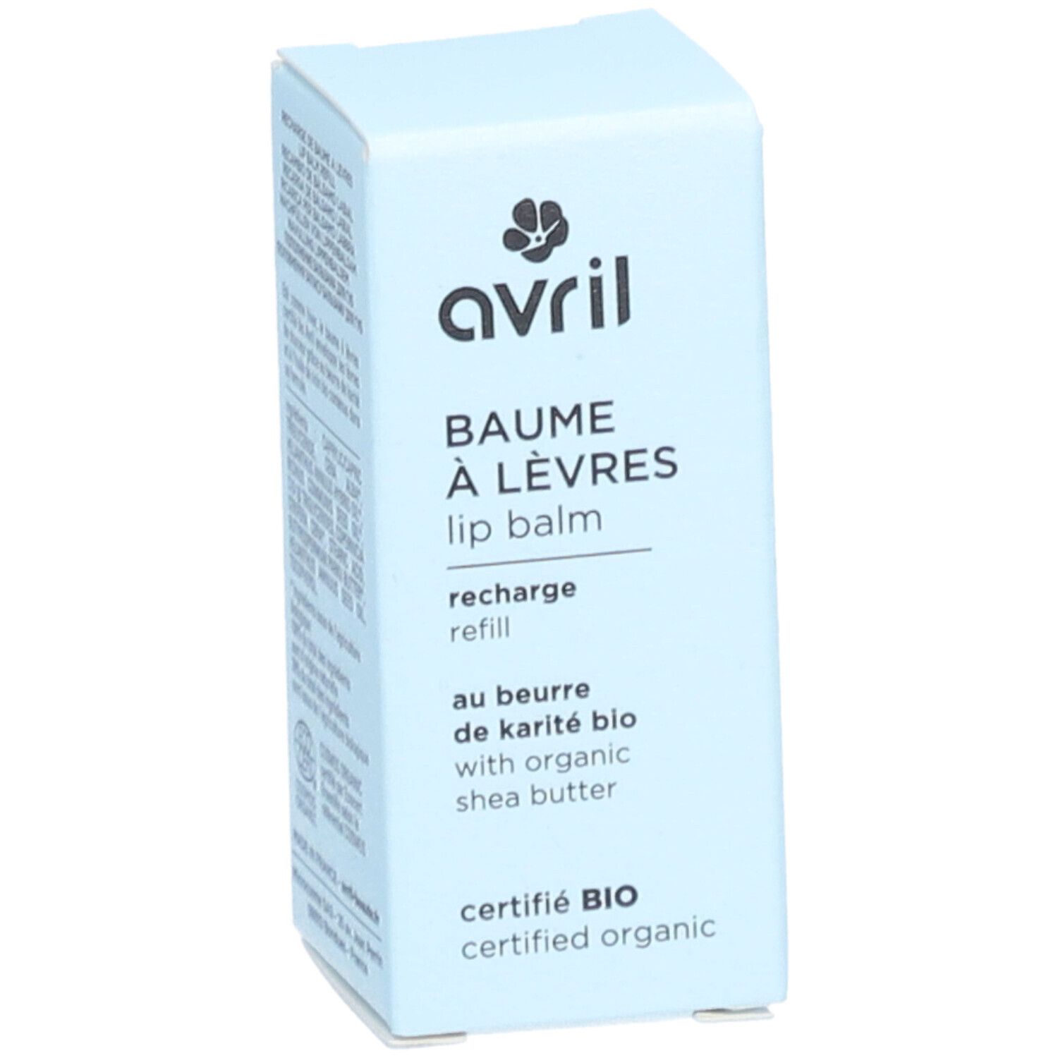 Hellblaue Kartonverpackung. Aufschrift: Avril, Baume à Lèvres, recharge, au beurre de karité bio, certifié BIO.