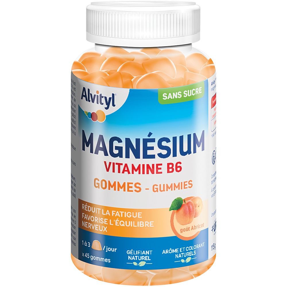 Flacon de gommes Alvityl Magnésium Vitamine B6. Gommes en forme de fruits. Inscription : Sans sucre, goût abricot.