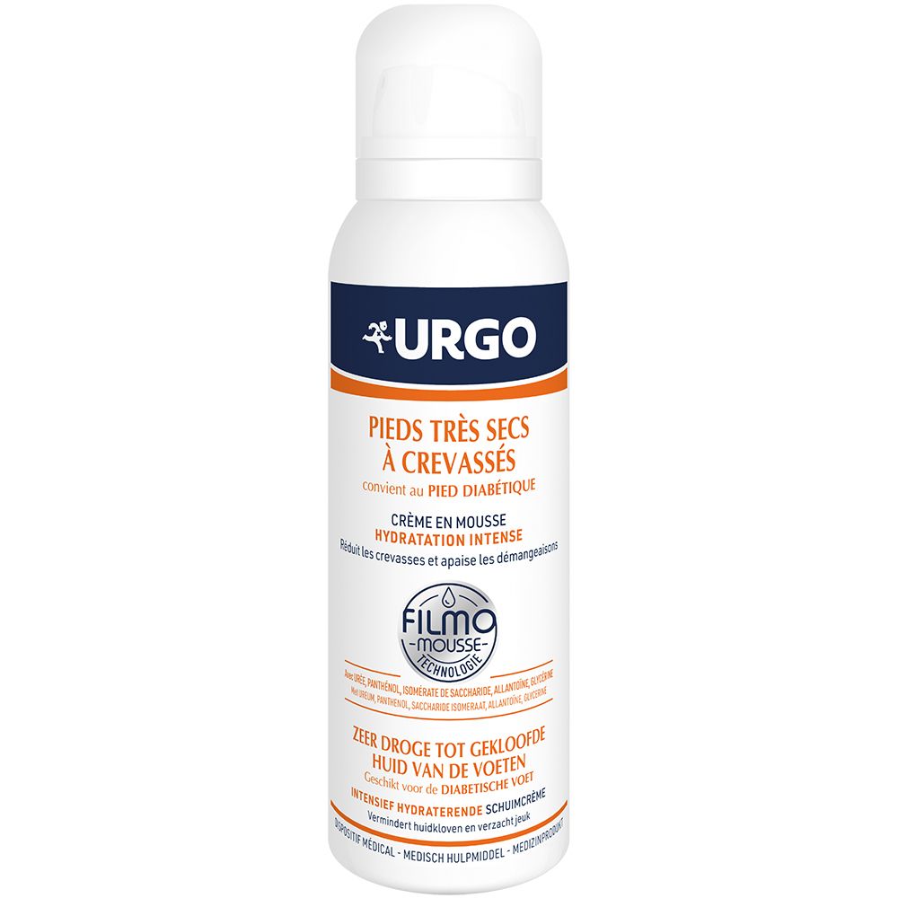 Flacon blanc avec logo et nom du produit. Texte: Pieds très secs à crevassés, Crème en mousse hydratation intense.