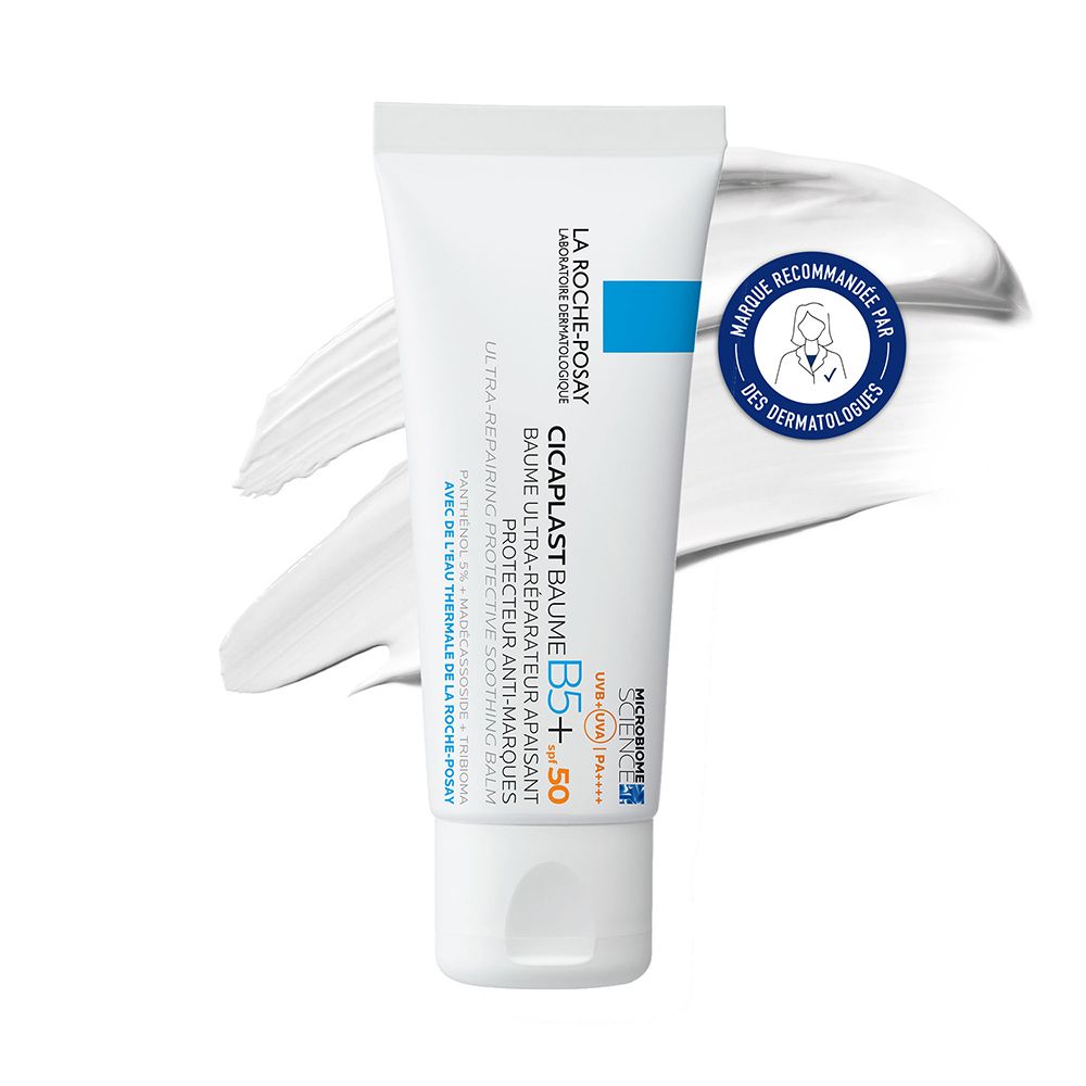 Tube blanc avec marquage bleu. Texte: La Roche-Posay, Cicaplast Baume B5+ SPF50. Recommandé par les dermatologues.