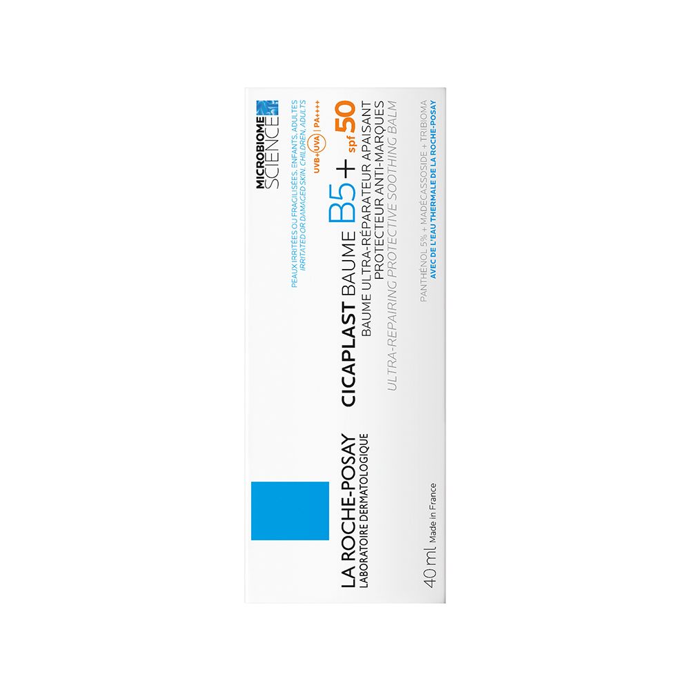 Tube blanc, texte: La Roche-Posay, Cicaplast Baume B5+ SPF50. 40ml. Fabriqué en France. Marque bleue.