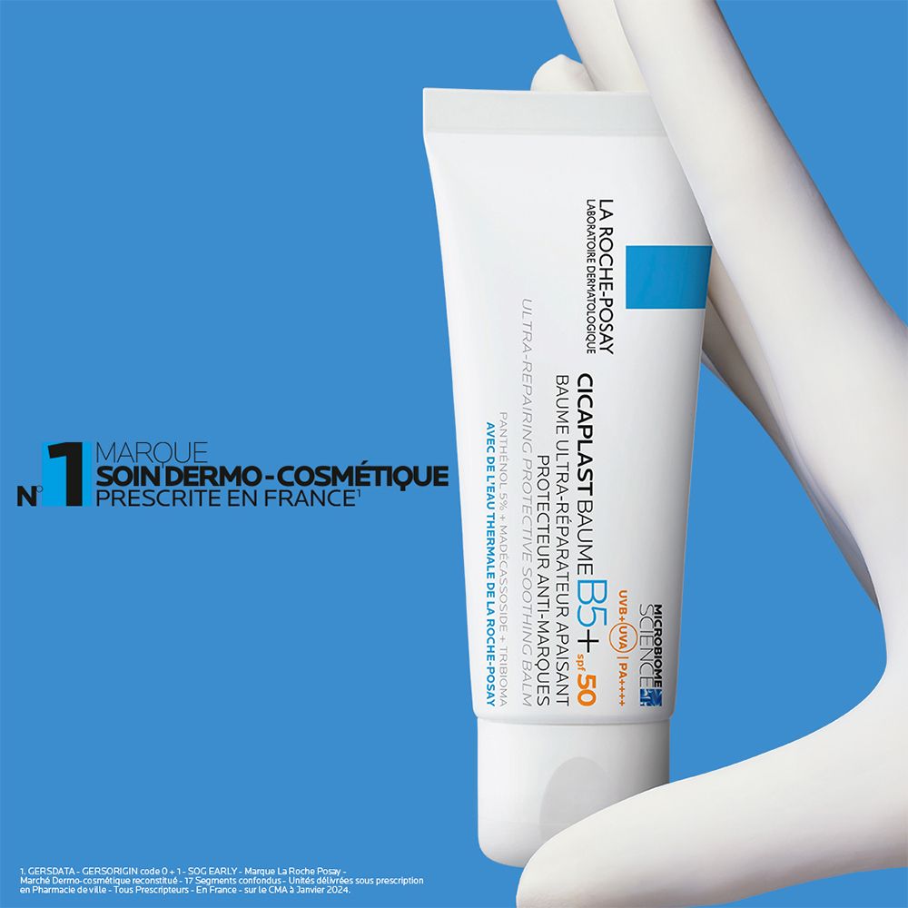 Tube blanc, texte: La Roche-Posay, Cicaplast Baume B5+ SPF50. N°1 marque en France.