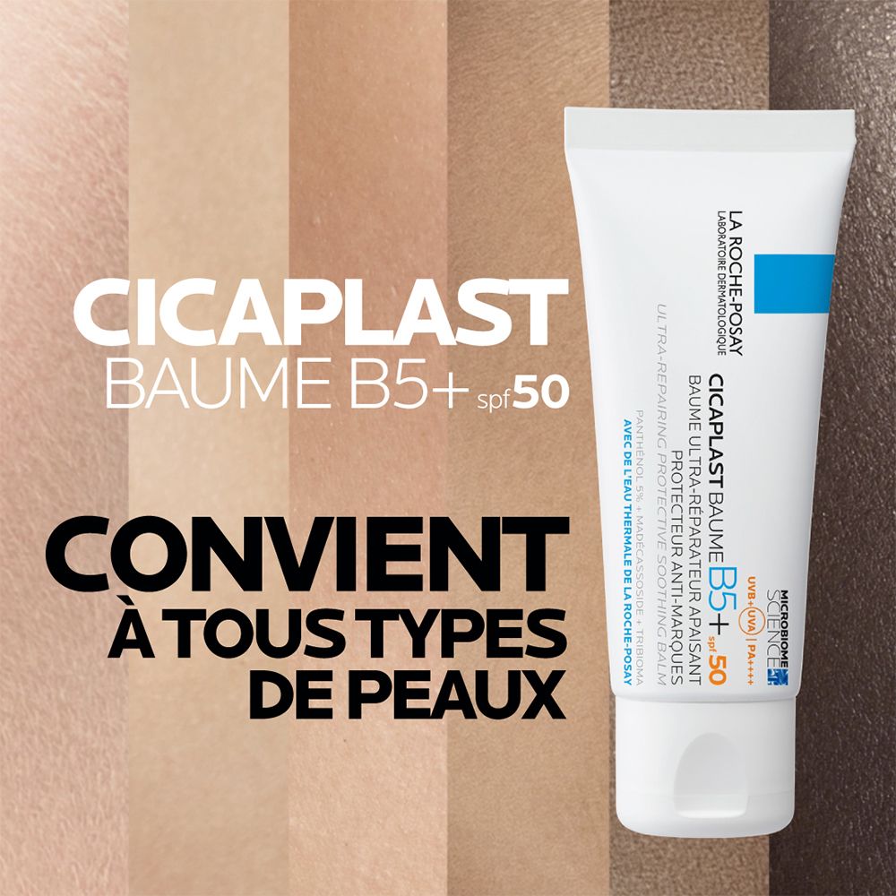 Tube blanc, texte: Cicaplast Baume B5+ SPF50. Convient à tous types de peaux. Différents tons de peau.