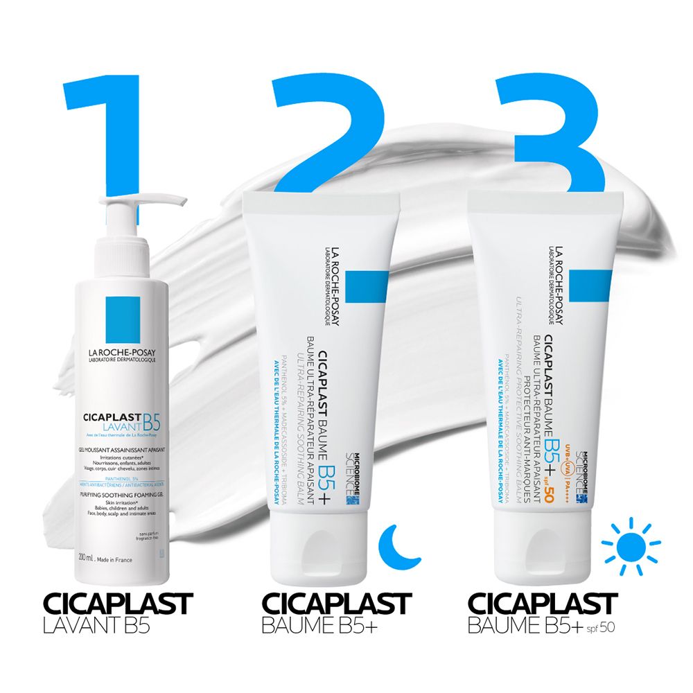 Trois tubes: Cicaplast Lavant B5, Cicaplast Baume B5+, Cicaplast Baume B5+ SPF50. Soleil et lune.