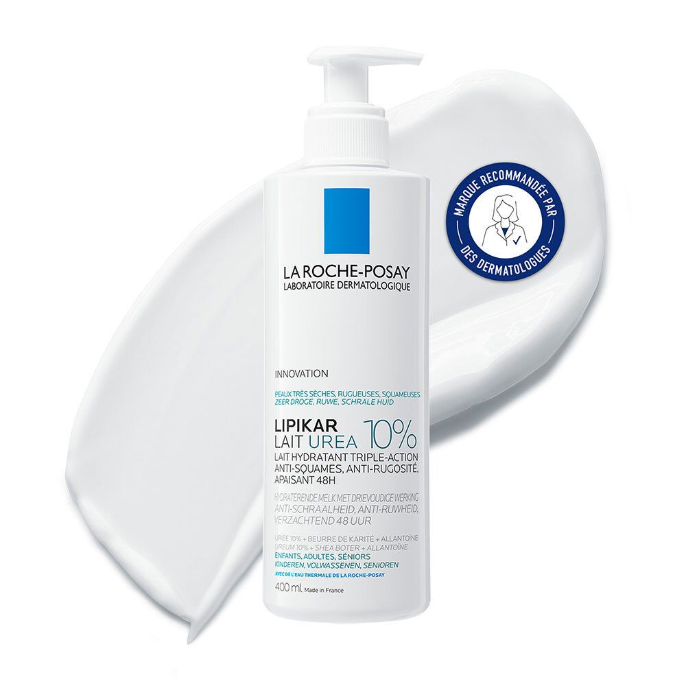 Flacon blanc avec pompe. Marque La Roche-Posay. Lipikar Urea 10%. Recommandé par les dermatologues. 400ml.