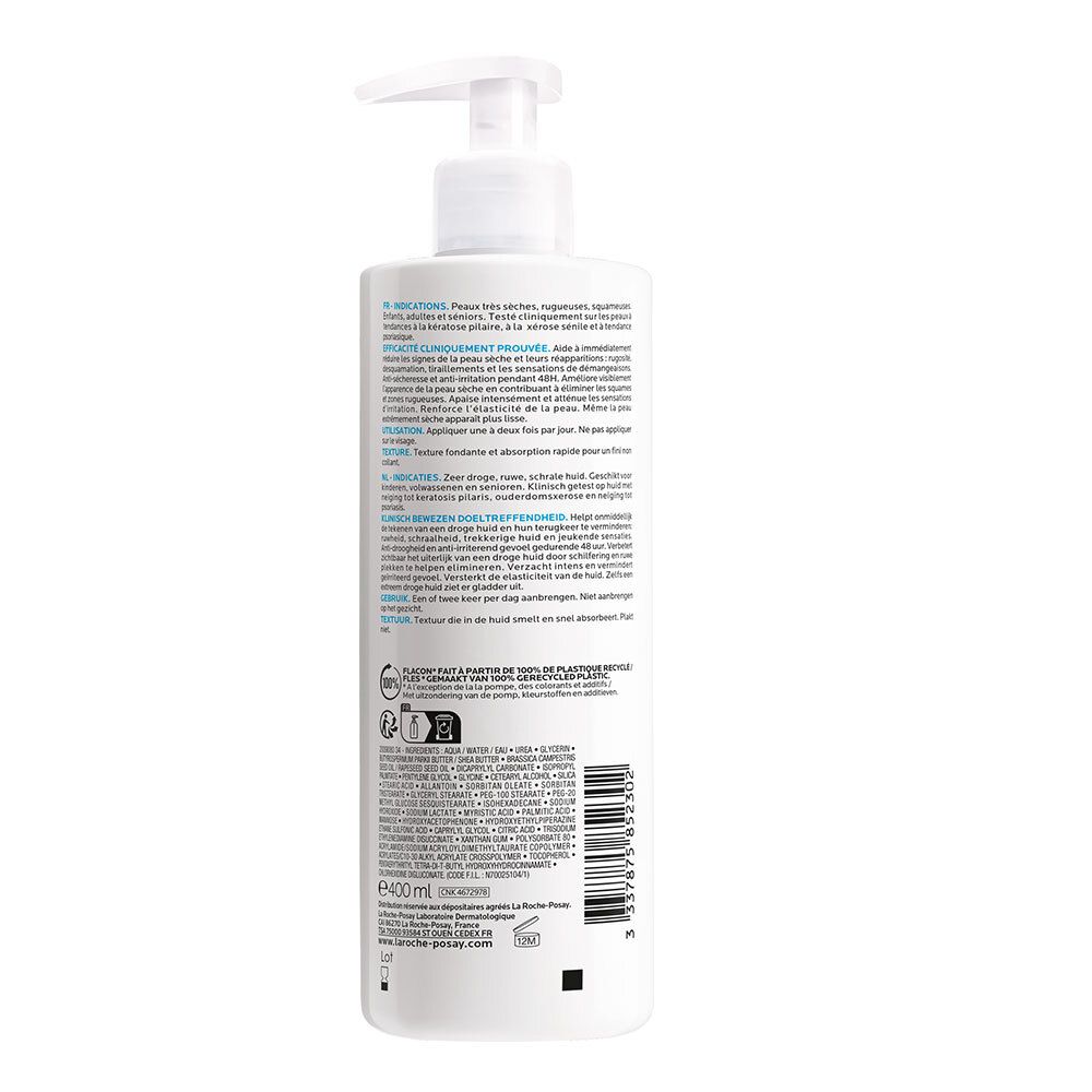 Dos du flacon blanc. Ingrédients, instructions, informations fabricant. 400ml. Matériau recyclable.