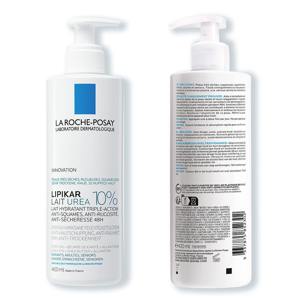 Deux flacons blancs avec pompe. La Roche-Posay, Lipikar Urea 10%. 400ml. Dos avec texte.