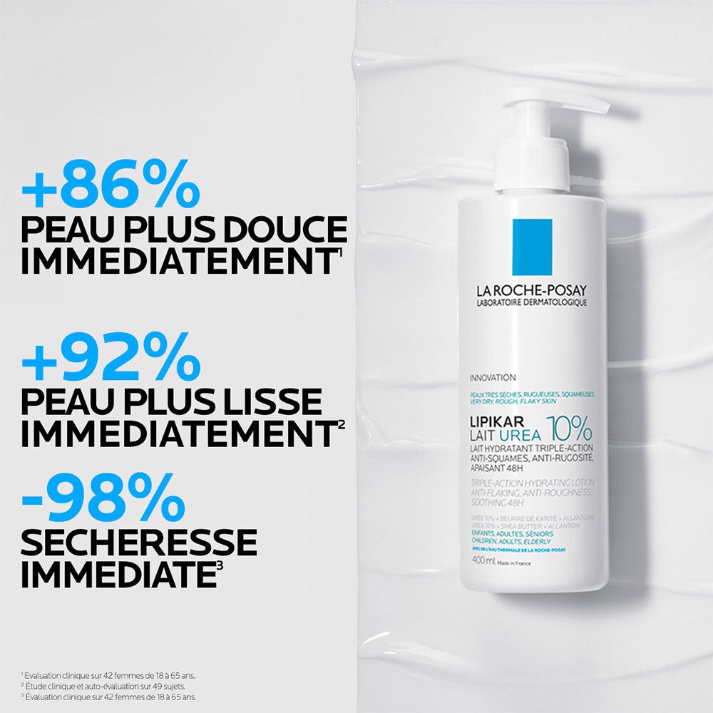 Flacon blanc avec pompe. La Roche-Posay, Lipikar Urea 10%. Graphique avec résultats.