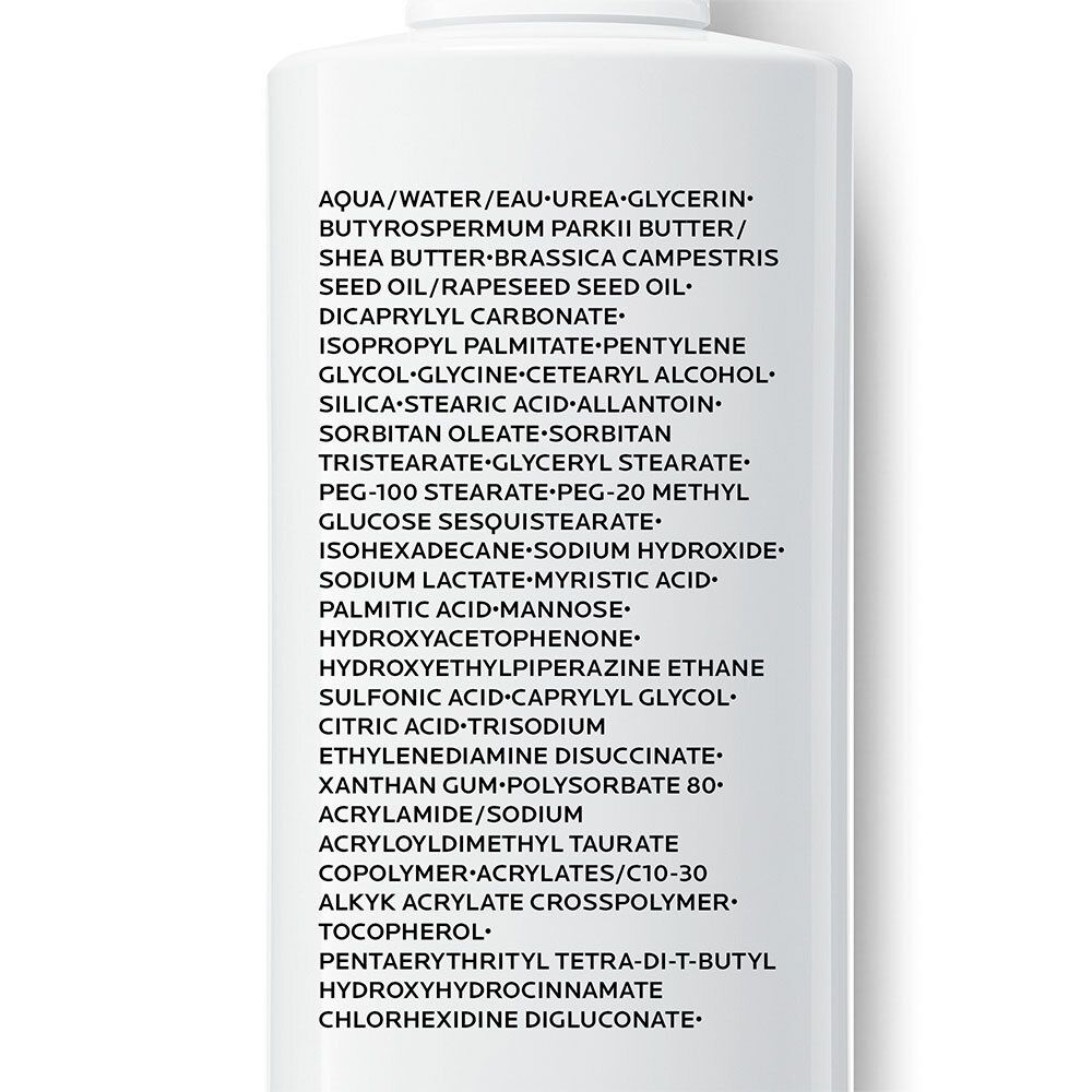 Texte avec ingrédients. Aqua, Urée, Glycérine, Beurre de Butyrospermum Parkii, etc. Fond blanc.