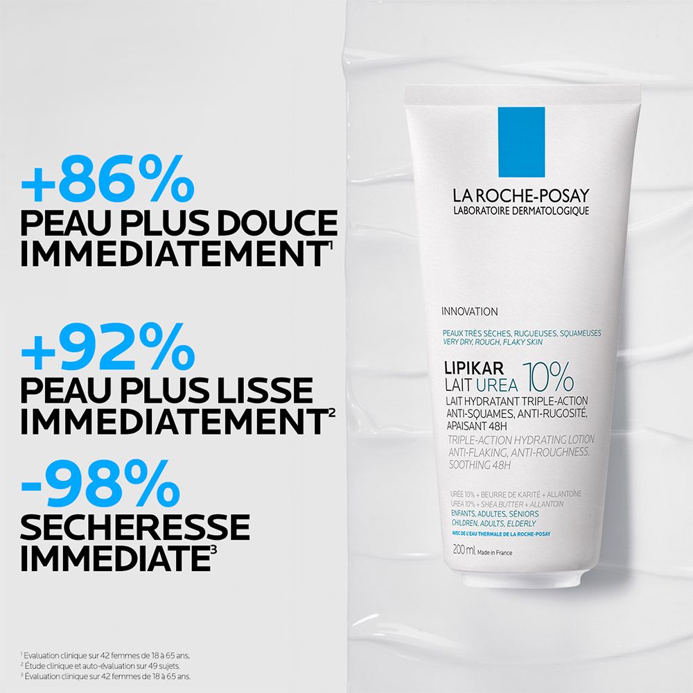 Tube blanc avec logo bleu. Texte : LA ROCHE-POSAY, LIPIKAR Lait Urée 10%. Statistiques d'efficacité.