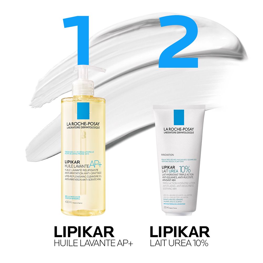 Deux produits : LIPIKAR Huile Lavante AP+ et LIPIKAR Lait Urée 10%. Les deux avec logo bleu.