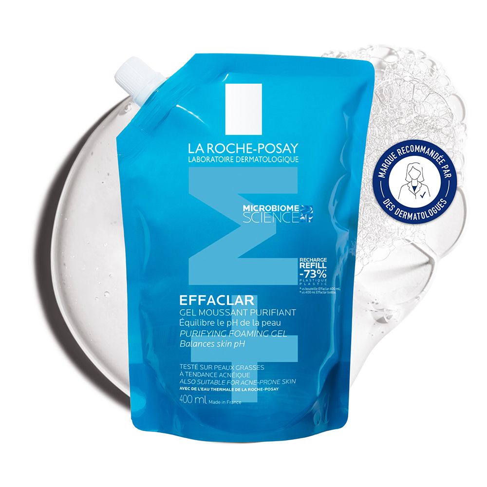 Recharge bleue Effaclar Gel Moussant. Réduit de 73% l'utilisation de plastique. Recommandé par les dermatologues.