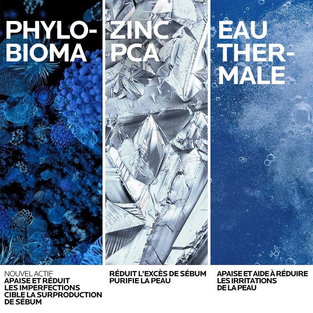 Graphique avec ingrédients: Phylobioma, Zinc PCA, Eau Thermale. Texte: Réduit imperfections, purifie, apaise.