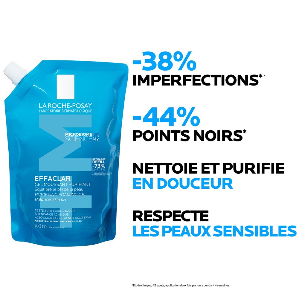 Recharge bleue Effaclar Gel Moussant. Réduit imperfections (-38%) et points noirs (-44%). Nettoie en douceur.