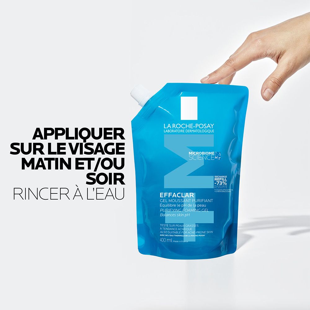 Recharge bleue Effaclar Gel Moussant. Texte: Appliquer matin et/ou soir, rincer à l'eau.
