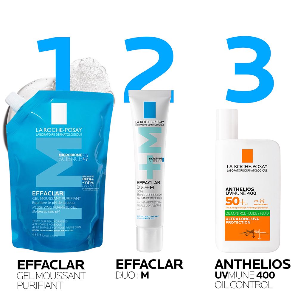 Trois produits: Effaclar Gel Moussant, Effaclar Duo+M, Anthelios UVMune 400 Oil Control.