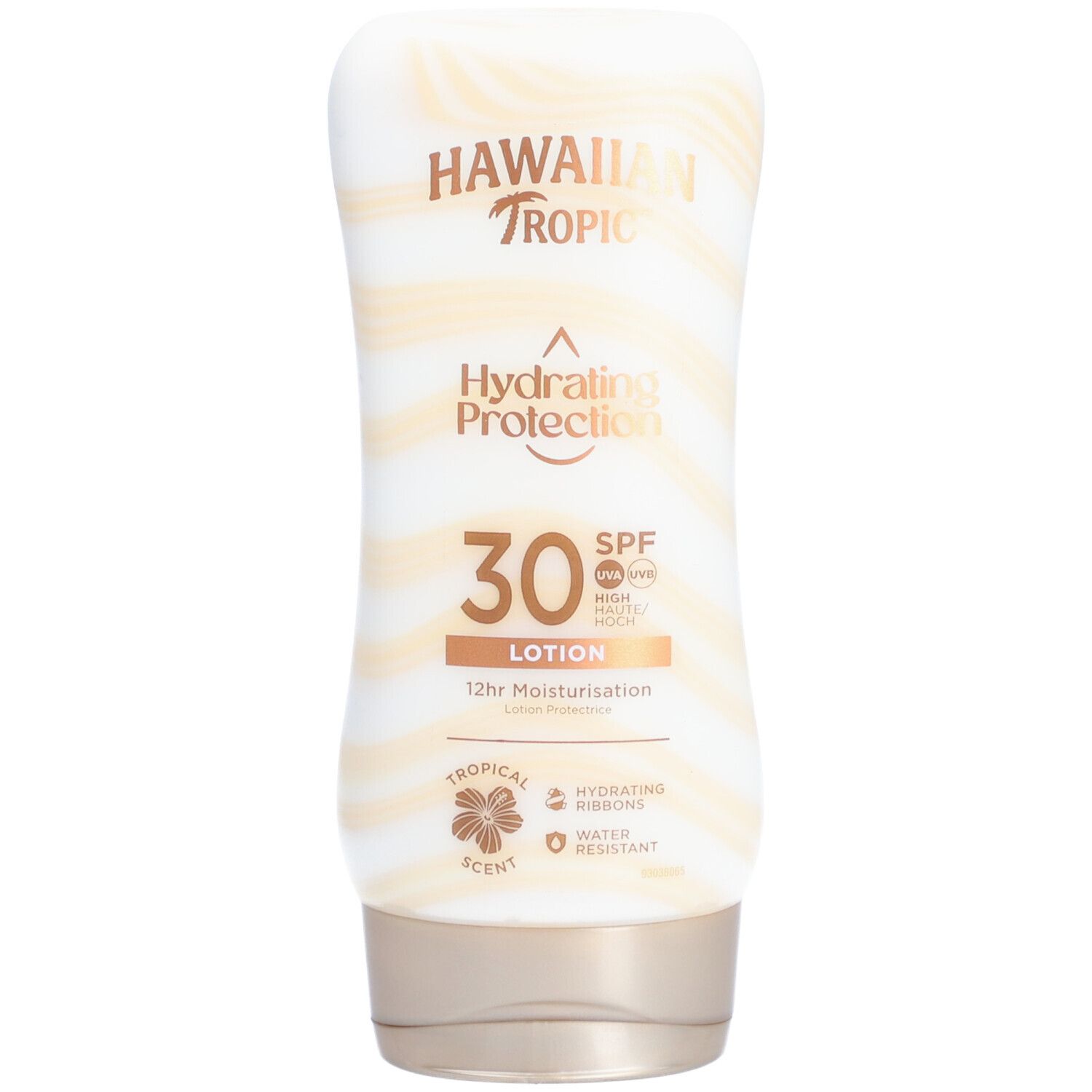 Flacon de crème solaire. Blanc avec motif ondulé. Texte: Hawaiian Tropic, Hydrating Protection SPF 30, Lotion. Parfum tropical.