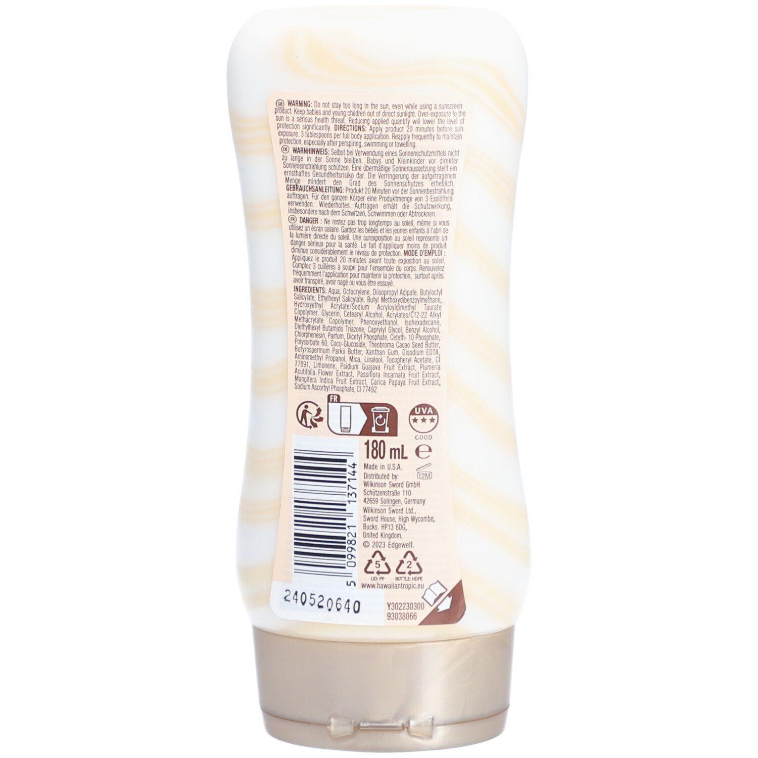 Dos du flacon de crème solaire. Texte et code-barres. Ingrédients et avertissements. Volume: 180 ml. Fabriqué aux États-Unis.