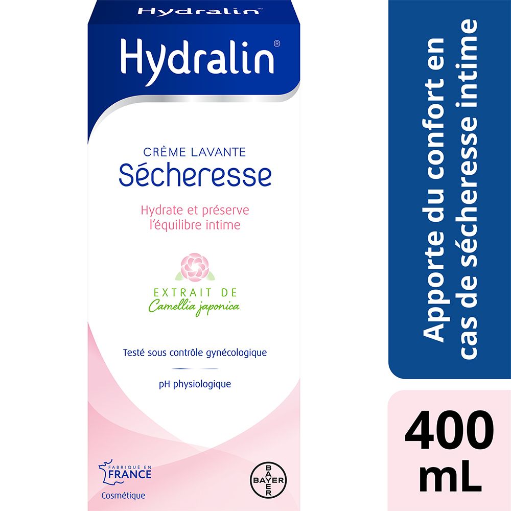 Emballage Hydralin Sécheresse Crème Lavante. Blanc et bleu. Texte : Crème Lavante Sécheresse, pH physiologique. 400 ml.