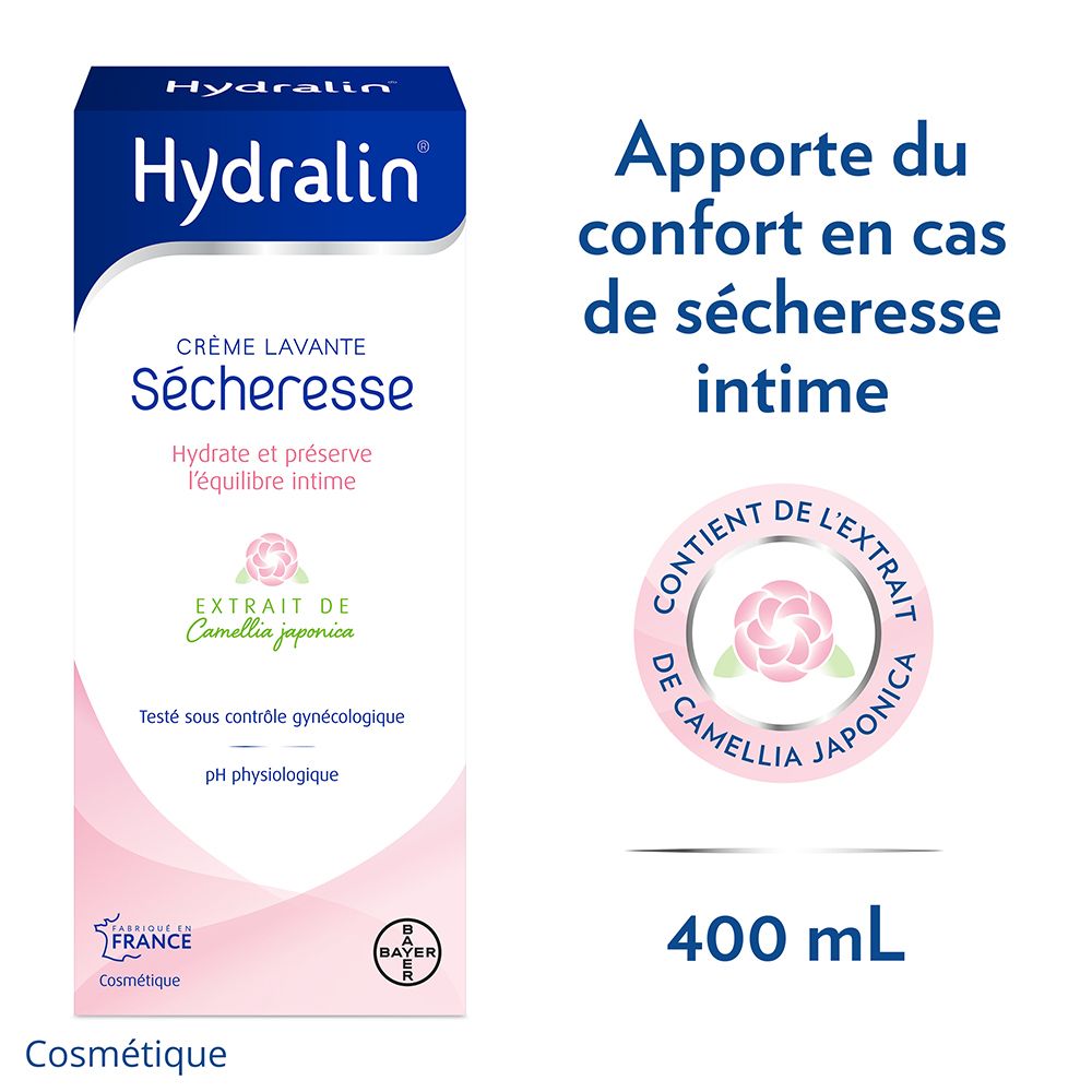 Emballage Hydralin Sécheresse Crème Lavante. Blanc et bleu. Texte : Crème Lavante Sécheresse, pH physiologique. 400 ml.