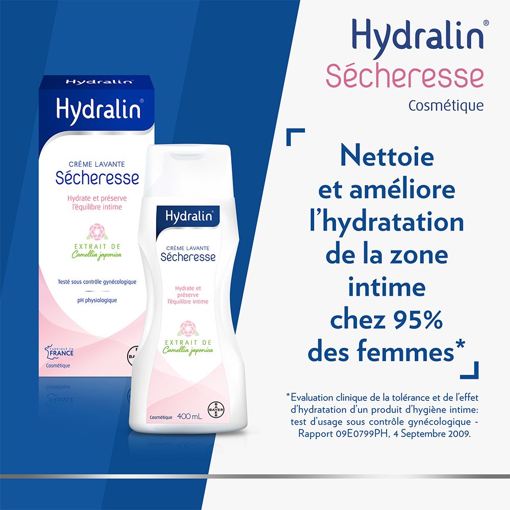 Hydralin Sécheresse Crème Lavante et emballage. Texte : Crème Lavante Sécheresse. Améliore l'hydratation de la zone intime.