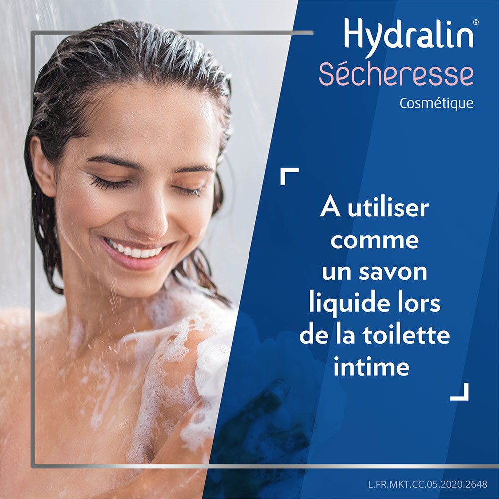 Femme sous la douche. Texte : À utiliser comme un savon liquide pour la toilette intime. Hydralin Sécheresse.