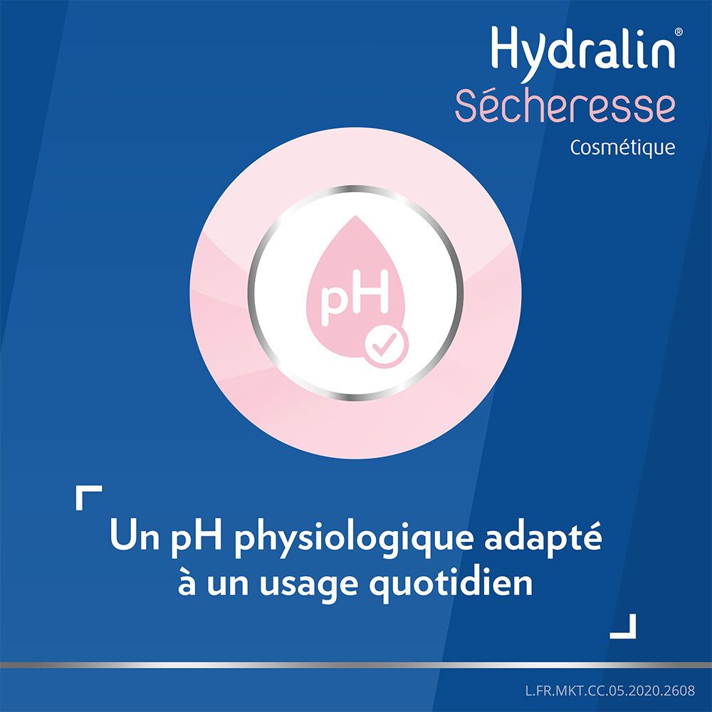 Graphique avec symbole pH. Texte : Un pH physiologique adapté à un usage quotidien. Hydralin Sécheresse.