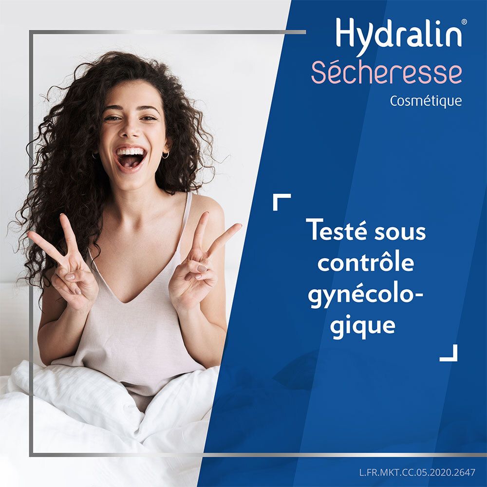 Femme au lit. Texte : Testé sous contrôle gynécologique. Hydralin Sécheresse.