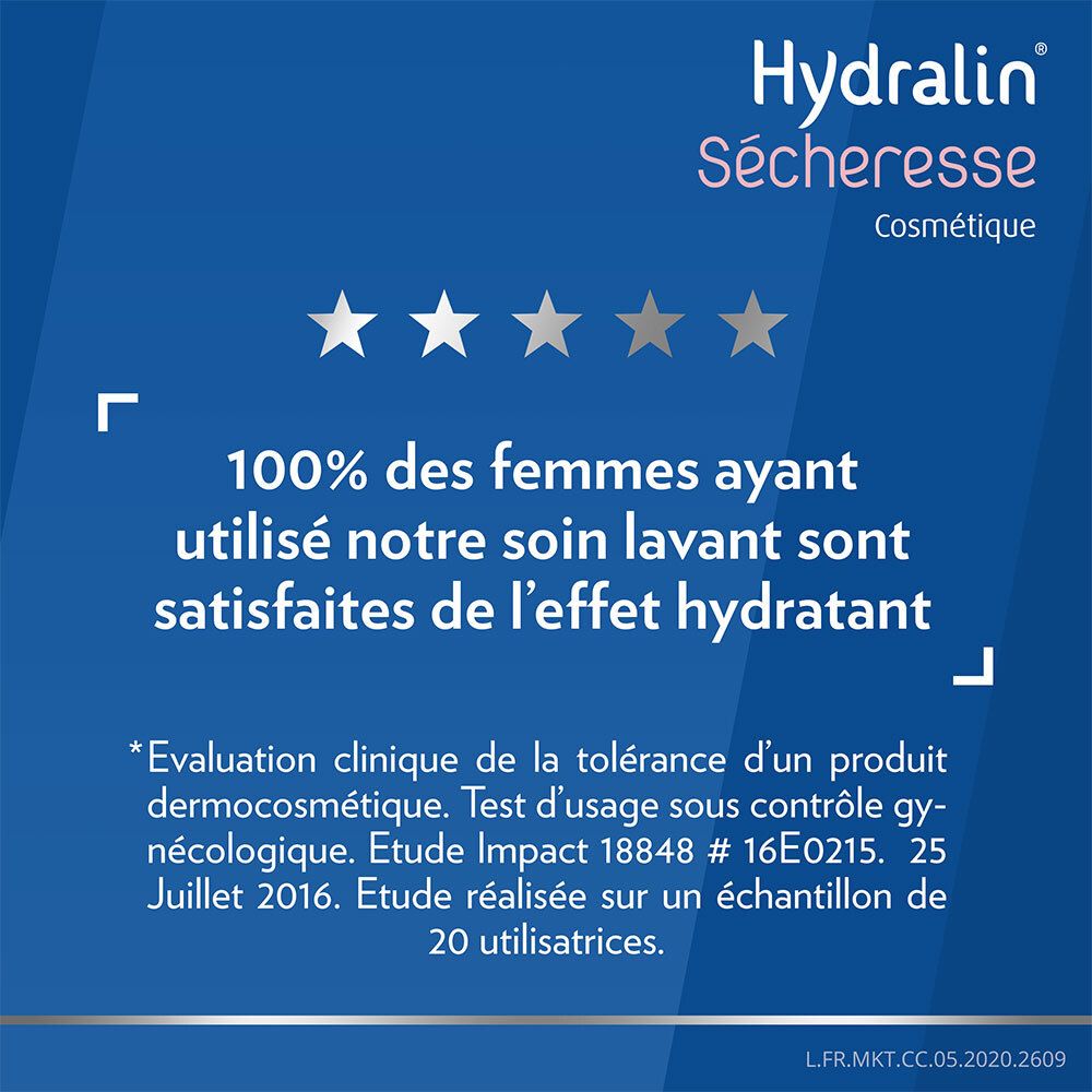 Évaluation par étoiles. Texte : 100% des femmes ayant utilisé notre soin lavant sont satisfaites de l'effet hydratant. Hydralin Sécheresse.