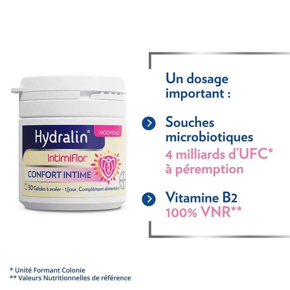 Flacon blanc Hydralin IntimiFlor. Texte: 4 milliards d'UFC, Vitamine B2 100% VNR. 