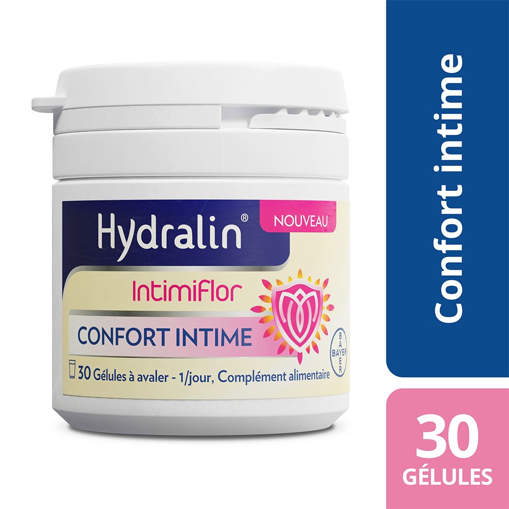 Flacon blanc Hydralin IntimiFlor. Inscription: Confort Intime, 30 Gélules. Éléments roses et bleus.