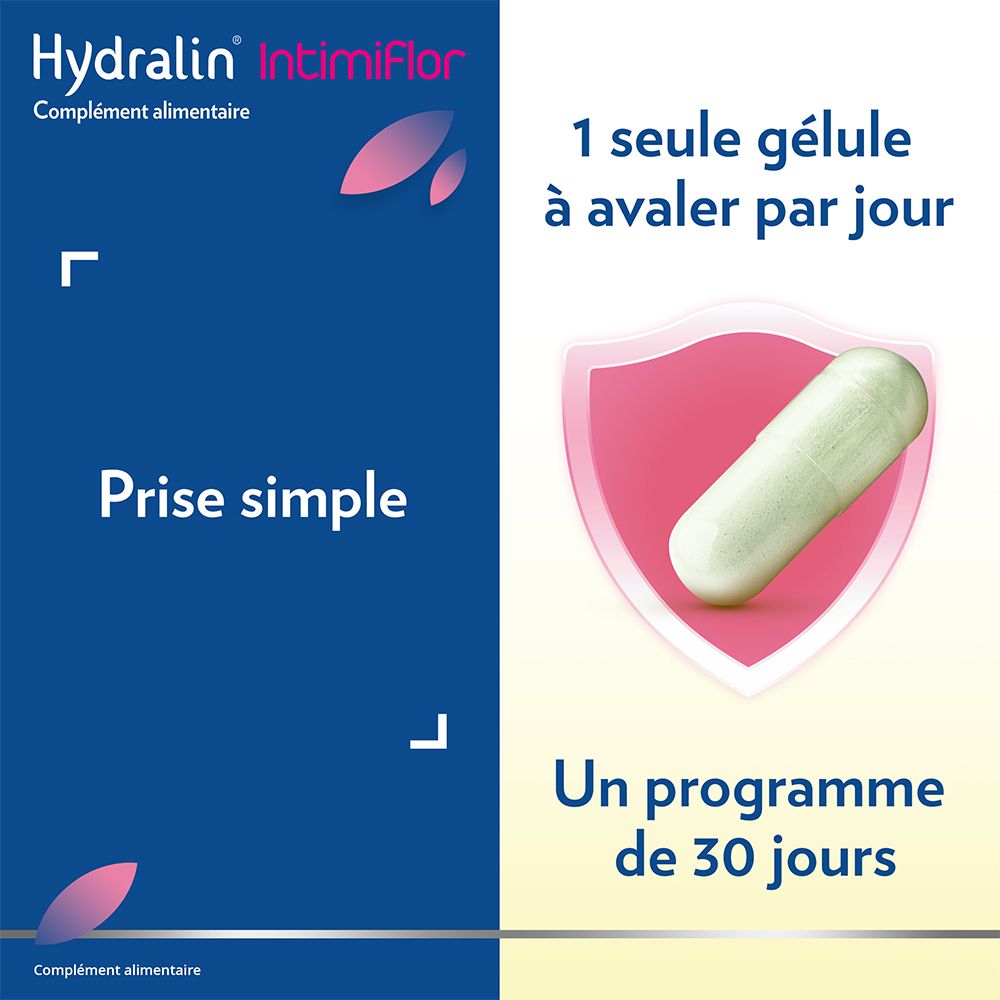 Graphique bleu et blanc. Une gélule. Texte: Prise simple, 1 seule gélule à avaler par jour.