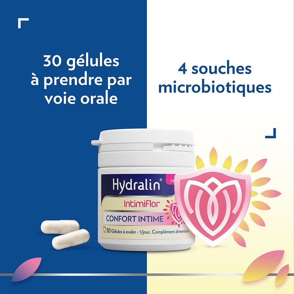 Flacon blanc Hydralin IntimiFlor et gélules. Texte: 30 gélules à prendre par voie orale.