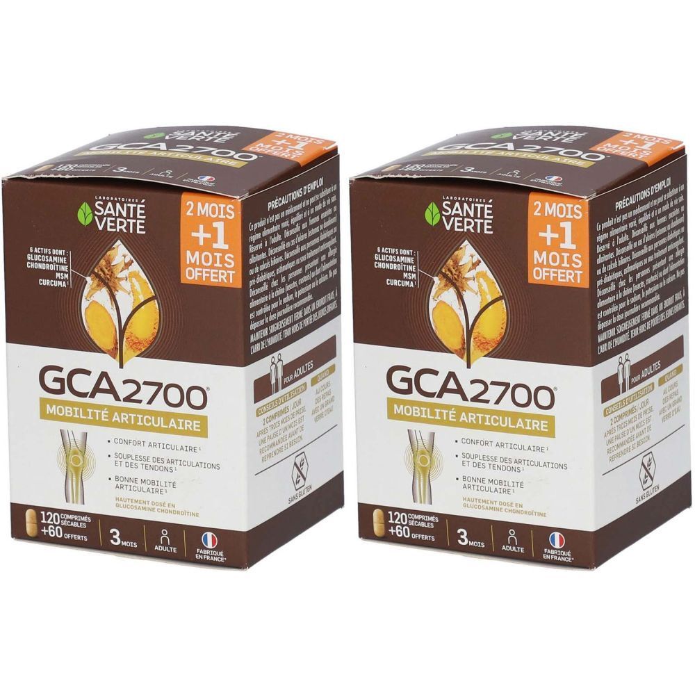 Deux boîtes de Santé Verte GCA 2700. Emballage marron avec nom du produit, logo et mentions promotionnelles. Contient 120 + 60 comprimés.