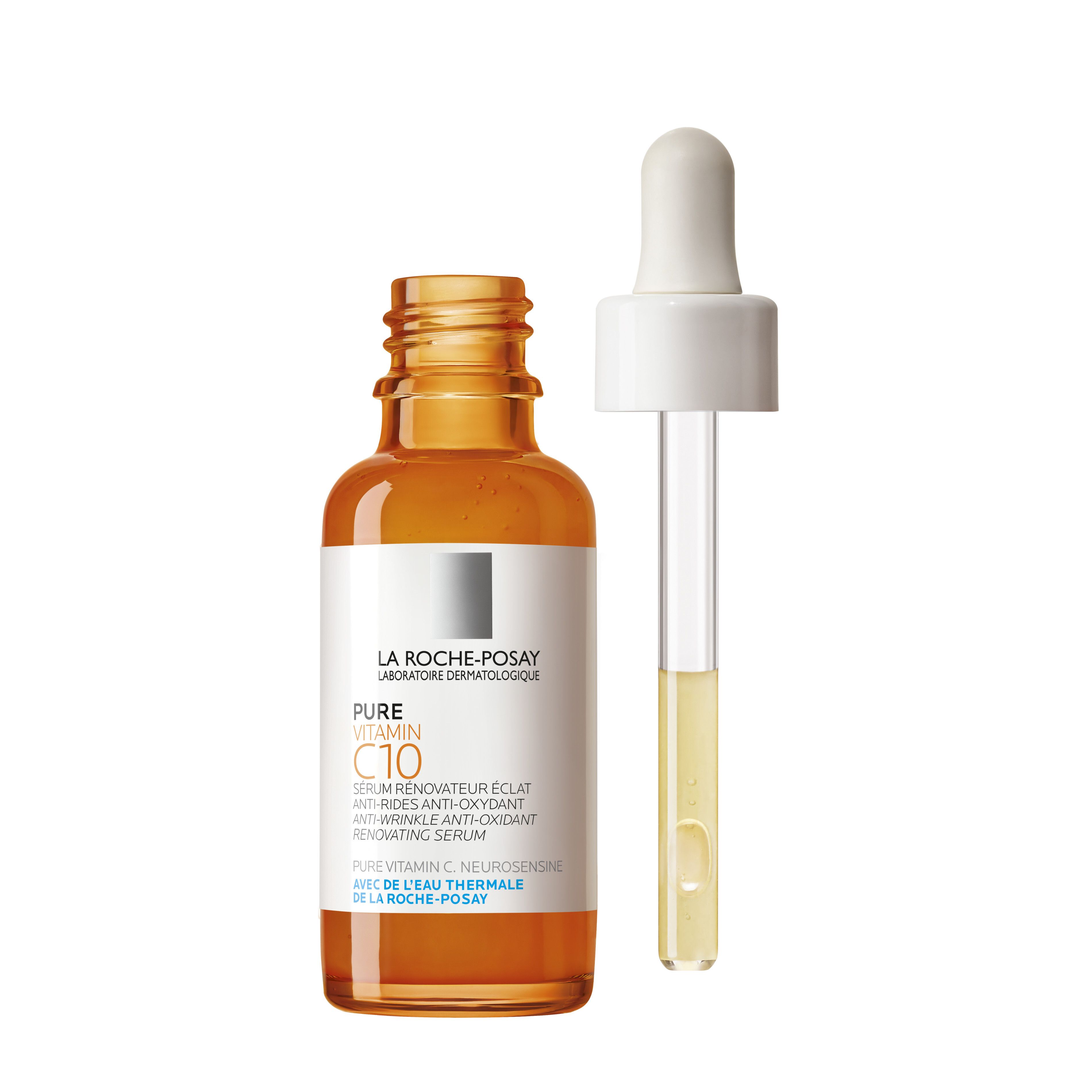 Flacon en verre ambré avec bouchon blanc et pipette. Inscription: PURE VITAMIN C10 Sérum. Liquide clair dans la pipette.