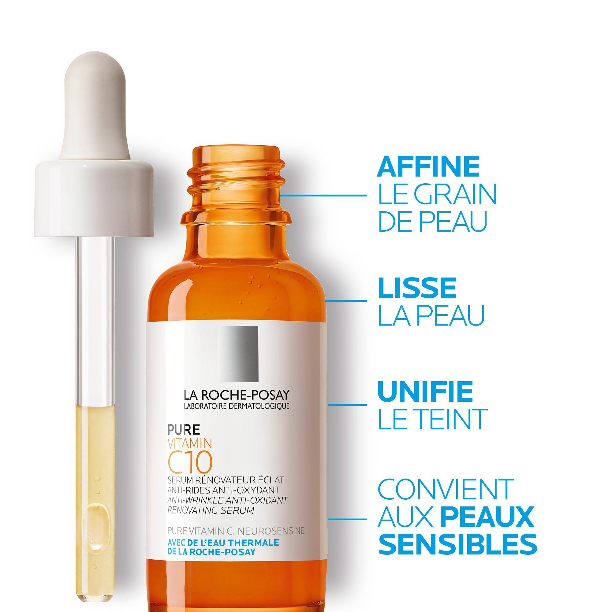 Flacon en verre ambré avec pipette. Inscription: PURE VITAMIN C10 Sérum. Texte: Affine le grain de peau, Lisse la peau, Unifie le teint.