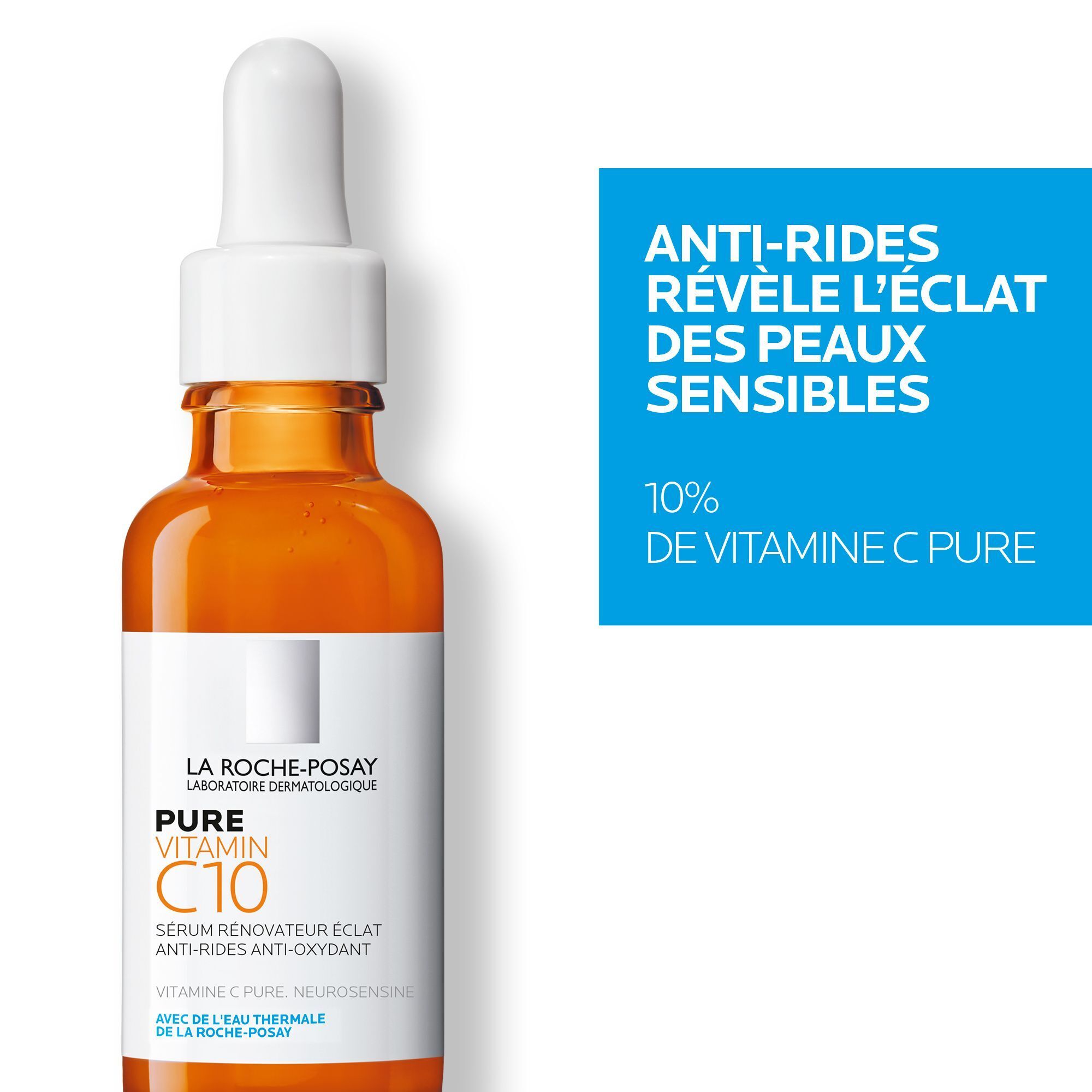 Flacon en verre ambré avec pipette. Inscription: PURE VITAMIN C10 Sérum. Texte: Anti-Rides, Révèle l'éclat. 10% de Vitamine C Pure.