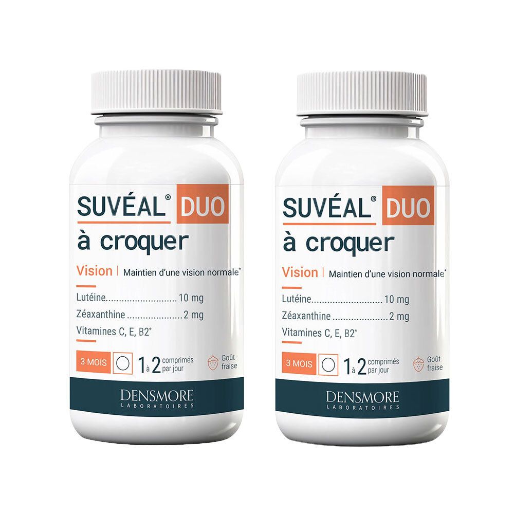 Deux flacons blancs de capsules. Inscription : SUVÉAL DUO à croquer. Contient de la lutéine, de la zéaxanthine et des vitamines. Marque : DENSMORE.
