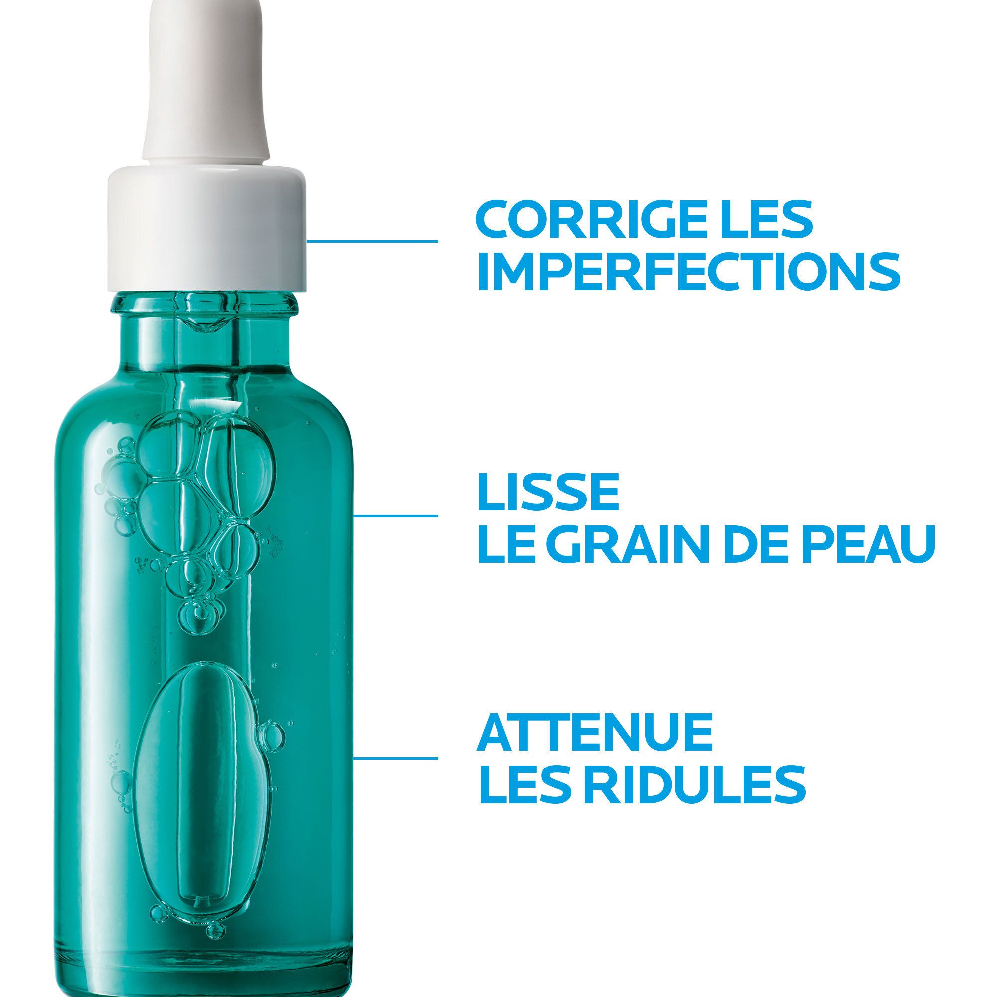 Flacon de sérum La Roche-Posay Effaclar. Flacon en verre vert avec bouchon blanc. Texte : Corrige les imperfections, lisse le grain de peau, atténue les ridules.