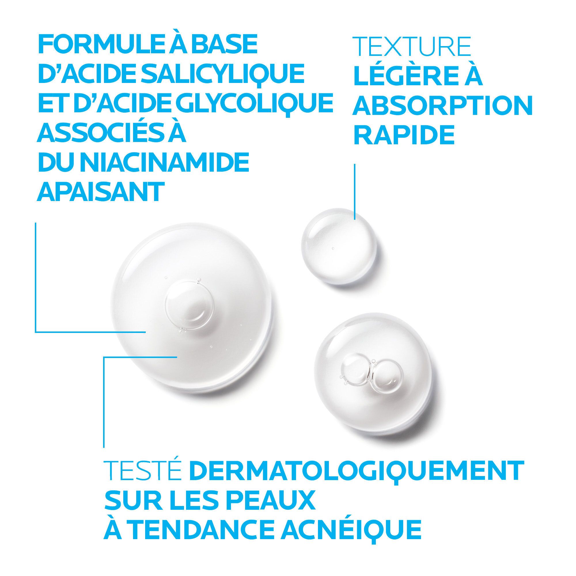 Gouttes de produit. Texte : Formule à base d'acide salicylique et d'acide glycolique, associés à du niacinamide apaisant. Testé dermatologiquement.