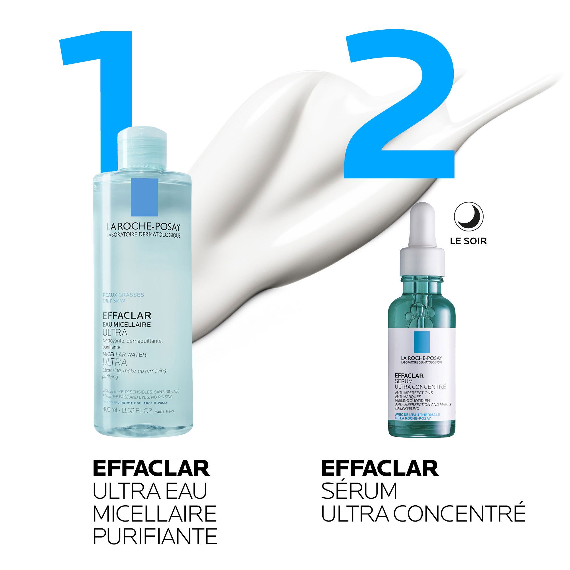 Comparaison des produits La Roche-Posay Effaclar. Gauche : Eau micellaire. Droite : Sérum Effaclar. Symbole de nuit.